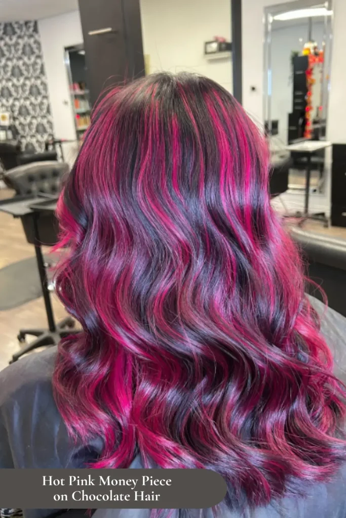 Hot Pink Money Piece on Chocolate Hair