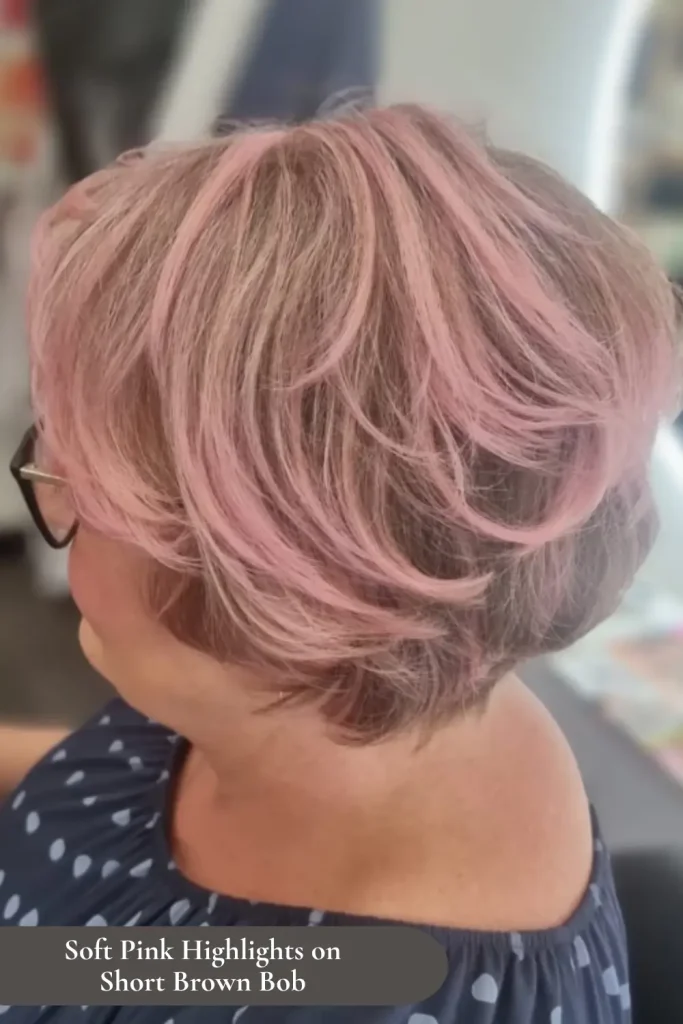 Soft Pink Highlights on Short Brown Bob